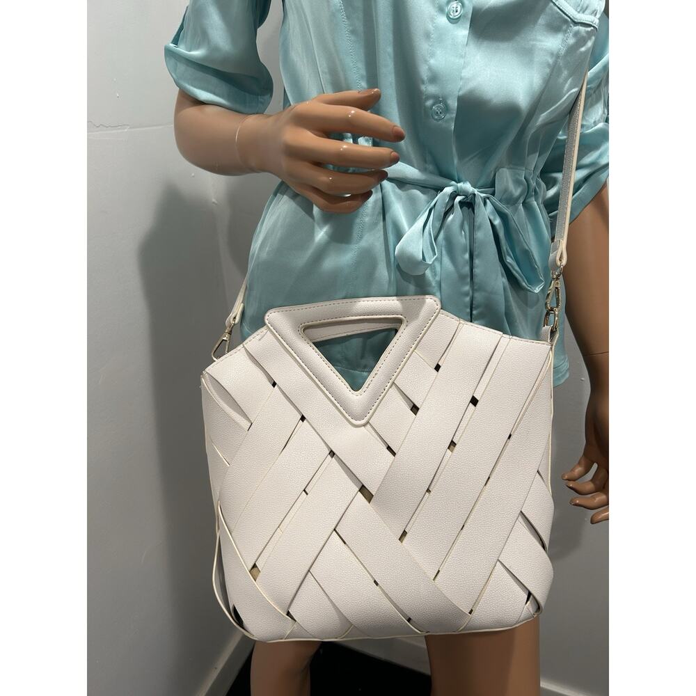Sandra Roberts purse White Woven Faux Leather Work With Crossbody